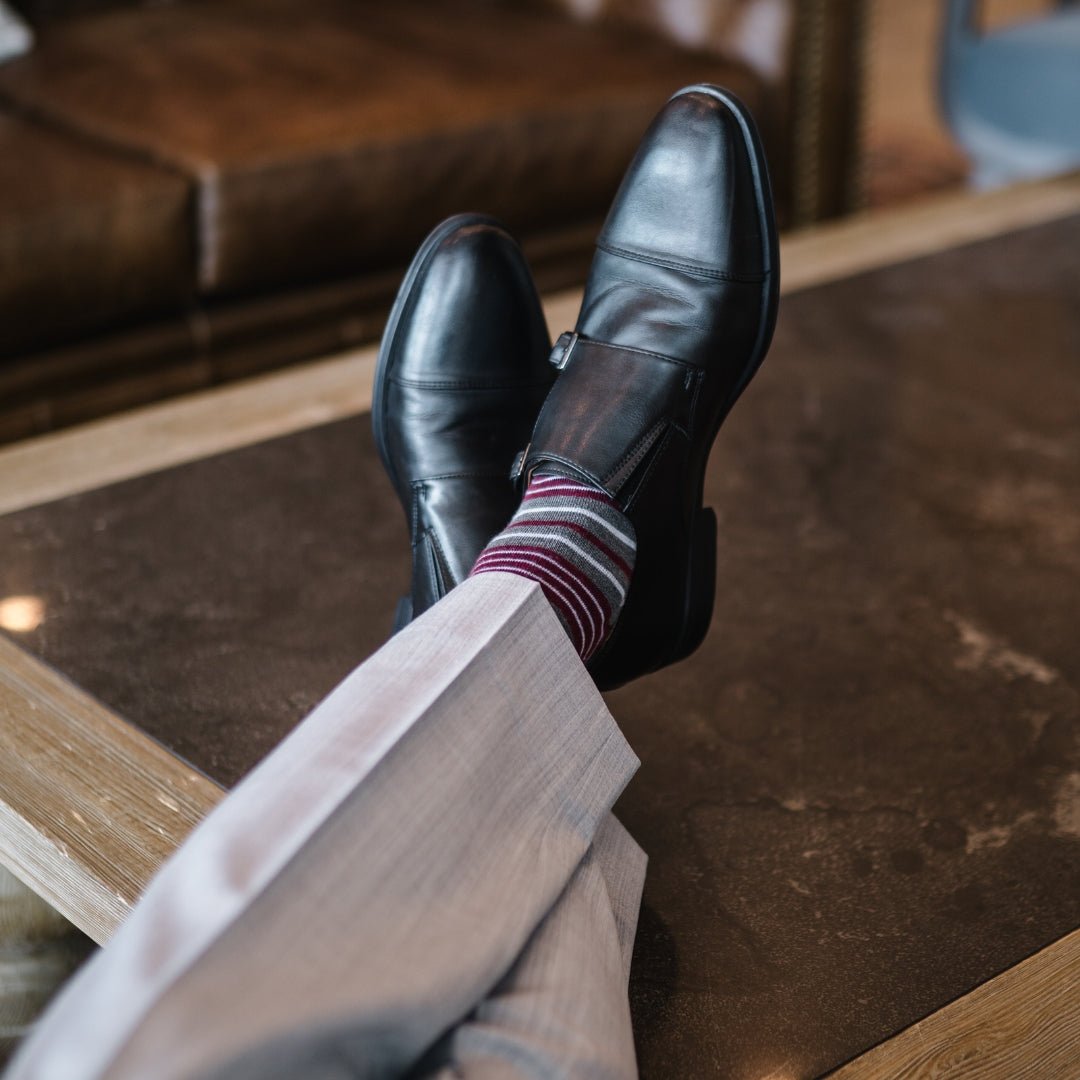 Grey men's dress sock with garnet red and white stripes