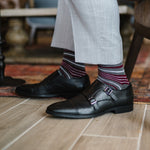 Grey men's dress sock with garnet red and white stripes