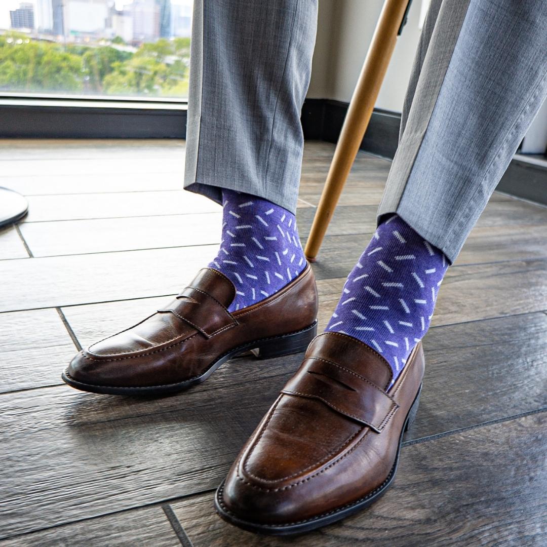 Violet men's dress sock with a contrasting sprinkle pattern