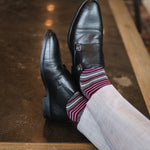 Grey men's dress sock with garnet red and white stripes