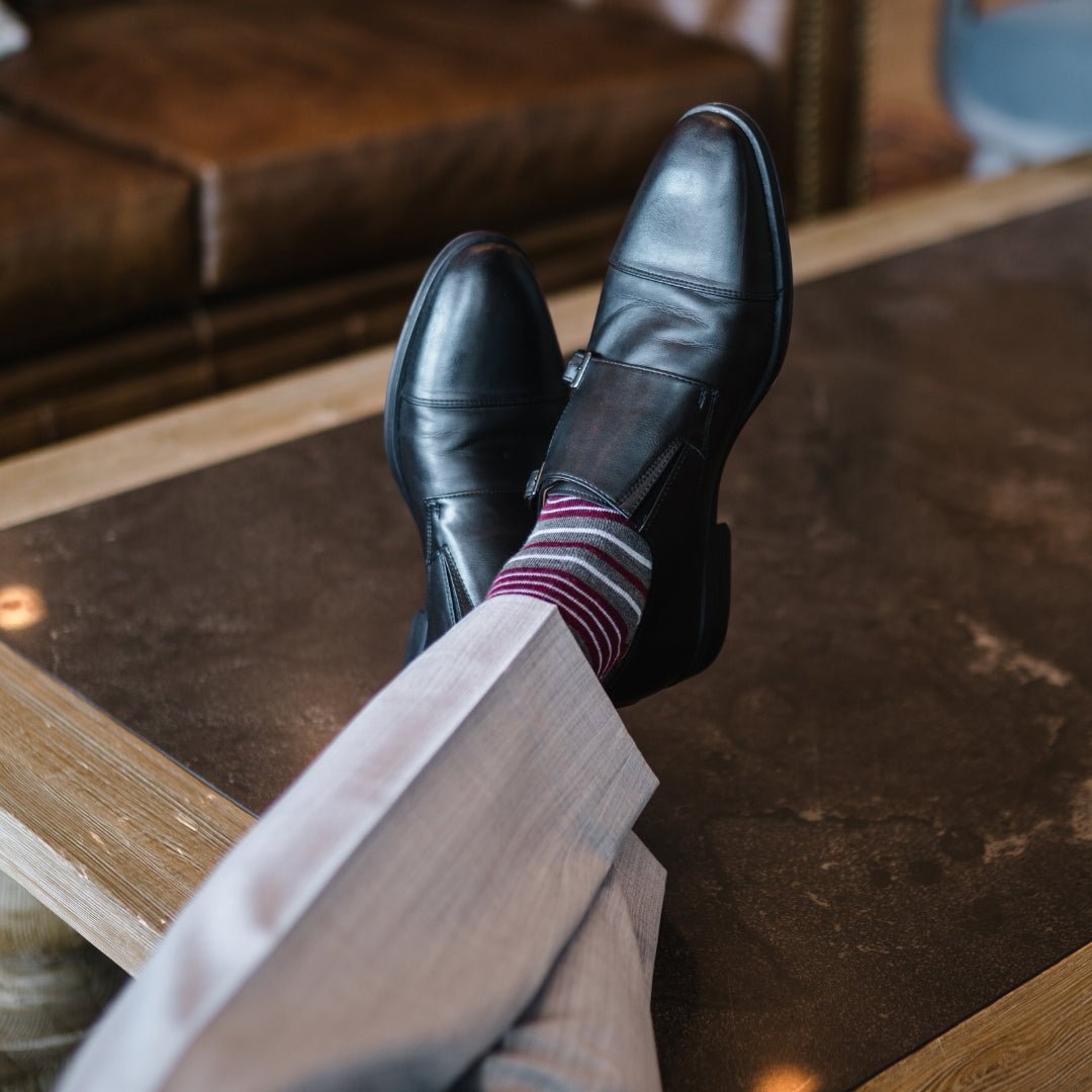 Grey men's dress sock with garnet red and white stripes