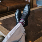 Grey men's dress sock with garnet red and white stripes