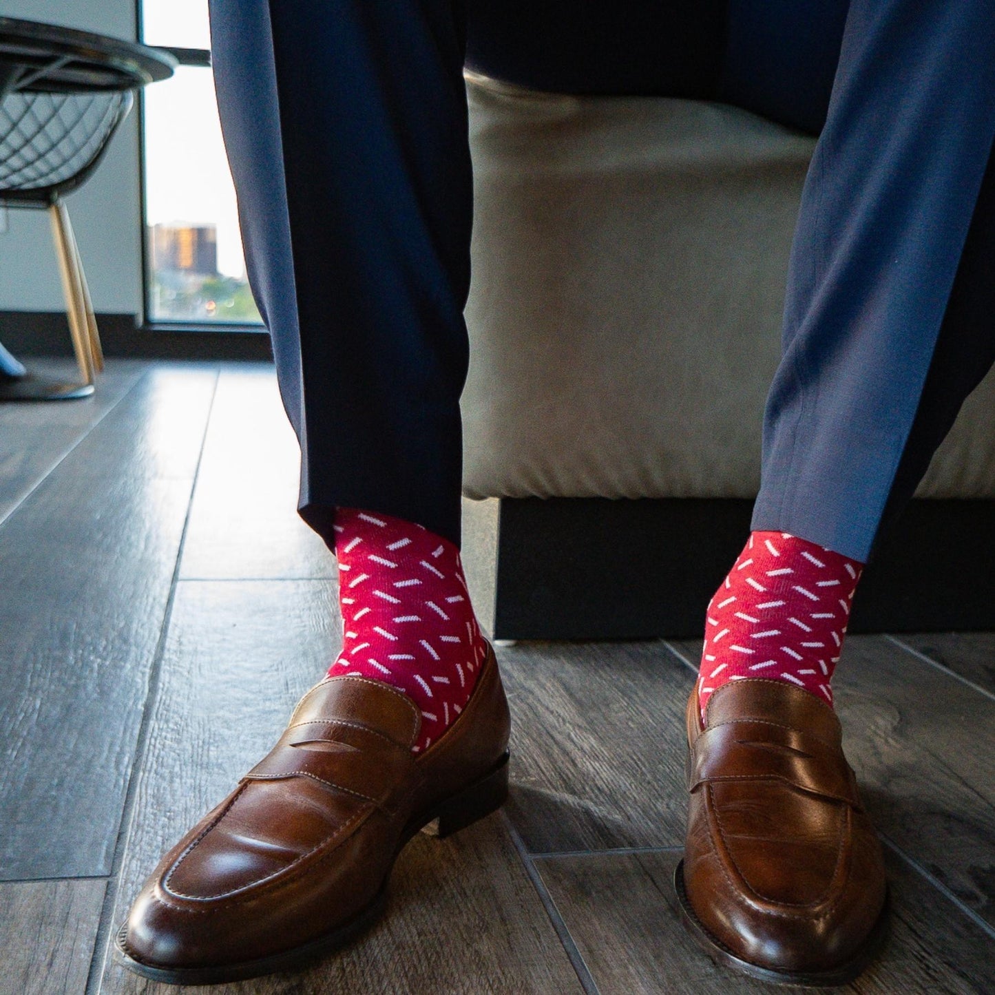Raspberry red men's dress sock with white sprinkles pattern