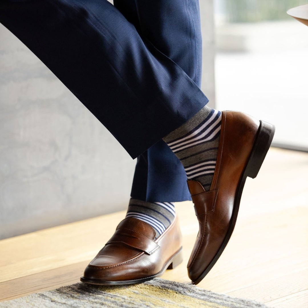 Gray, white and blue stripe socks