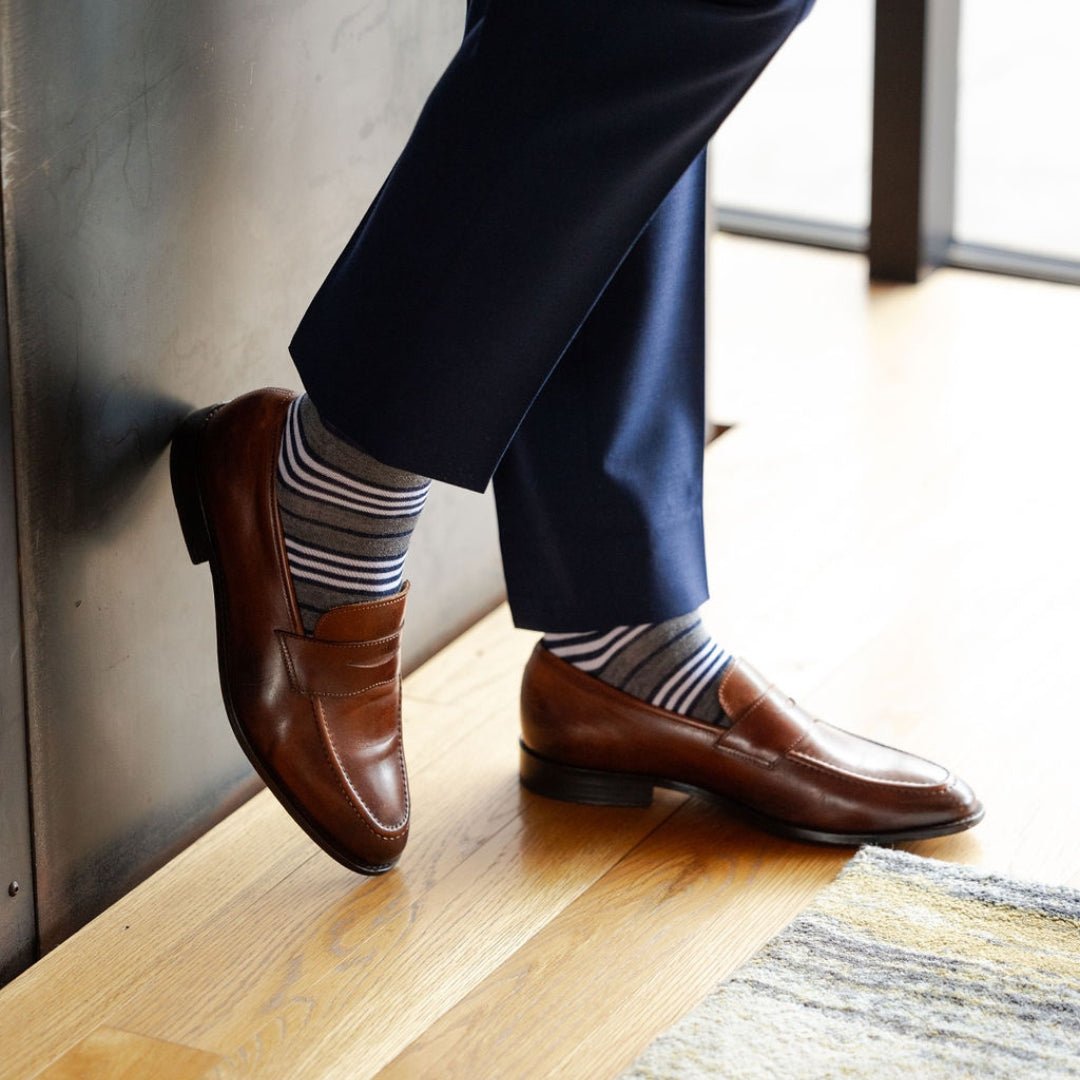 Gray, white and blue stripe socks