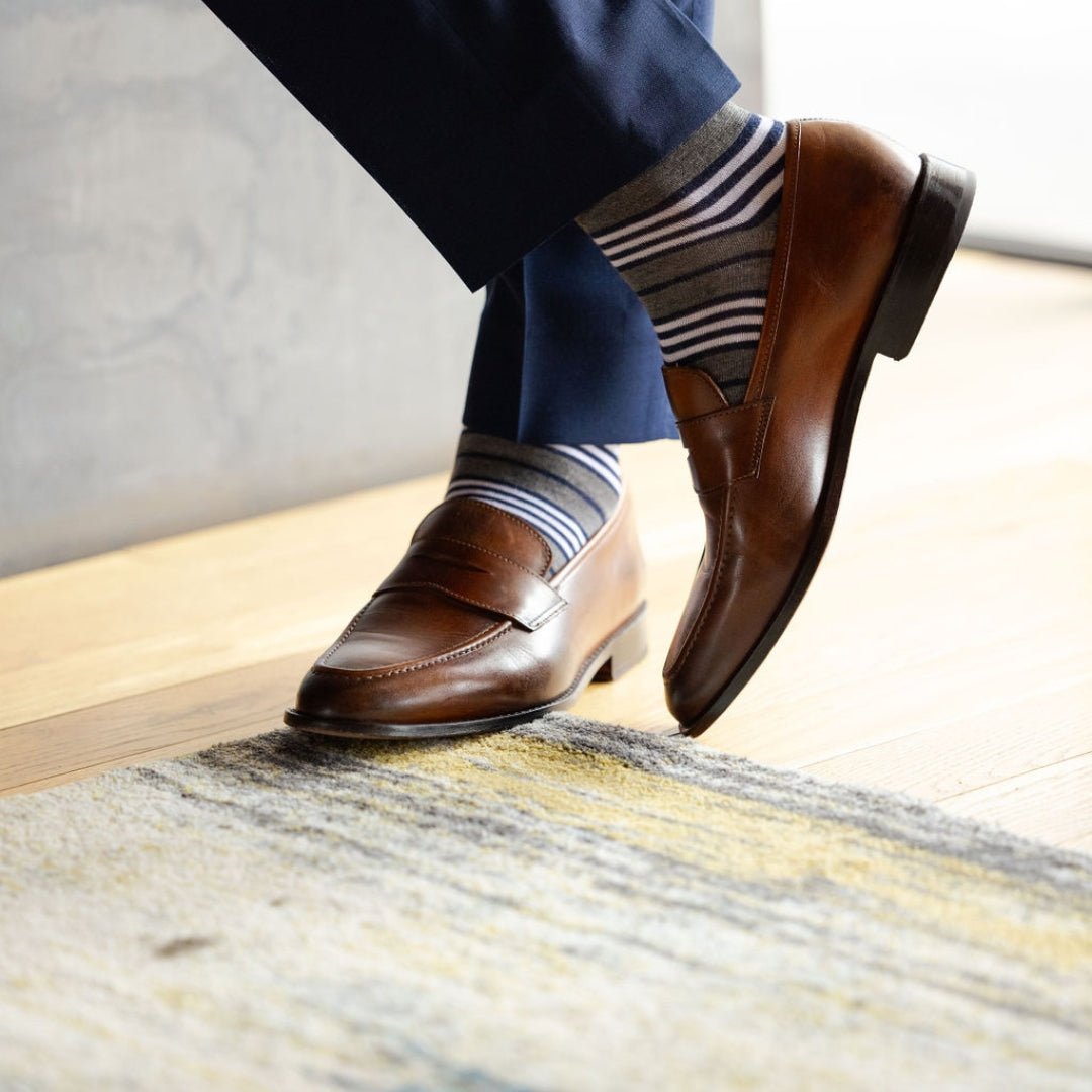 Gray, white and blue stripe socks