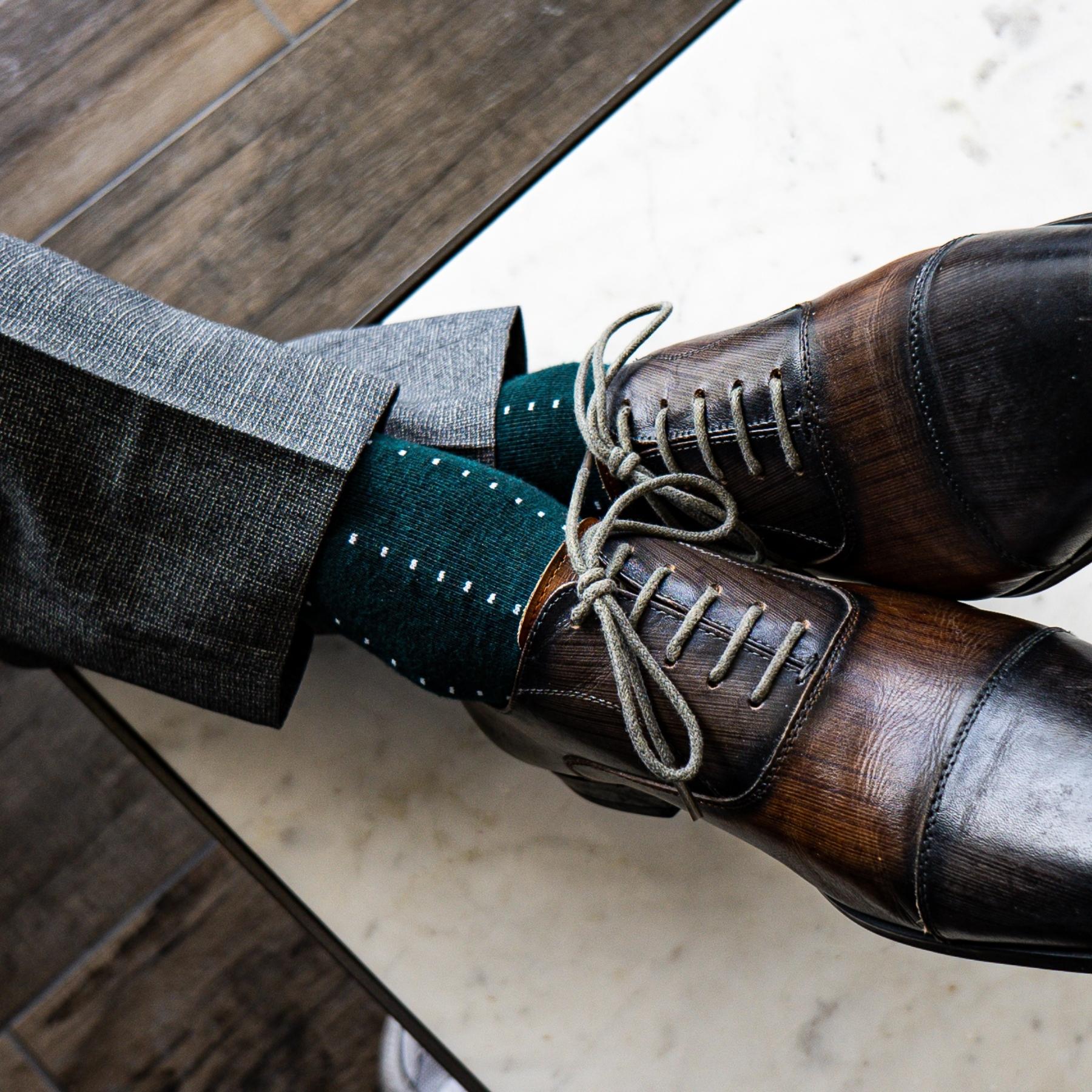 deep green sock with powder blue micro-pin dots