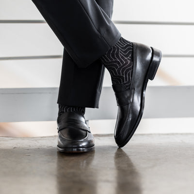 The Black & Grey Geometric Maze - A Black Sock with a Grey Geometric Maze Pattern