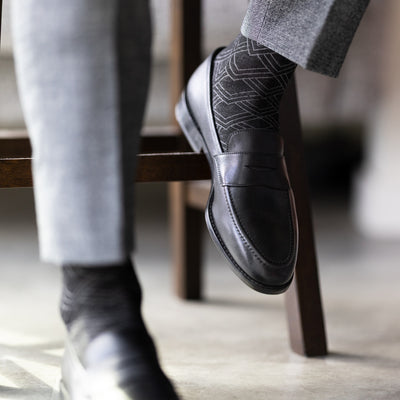 The Black & Silver Square-Grid - A Black Sock with a Silver Square-Grid Pattern