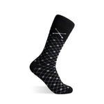 The Black & Grey Diamond Grid black dress sock with a grey diamond-grid pattern on a clean product background.