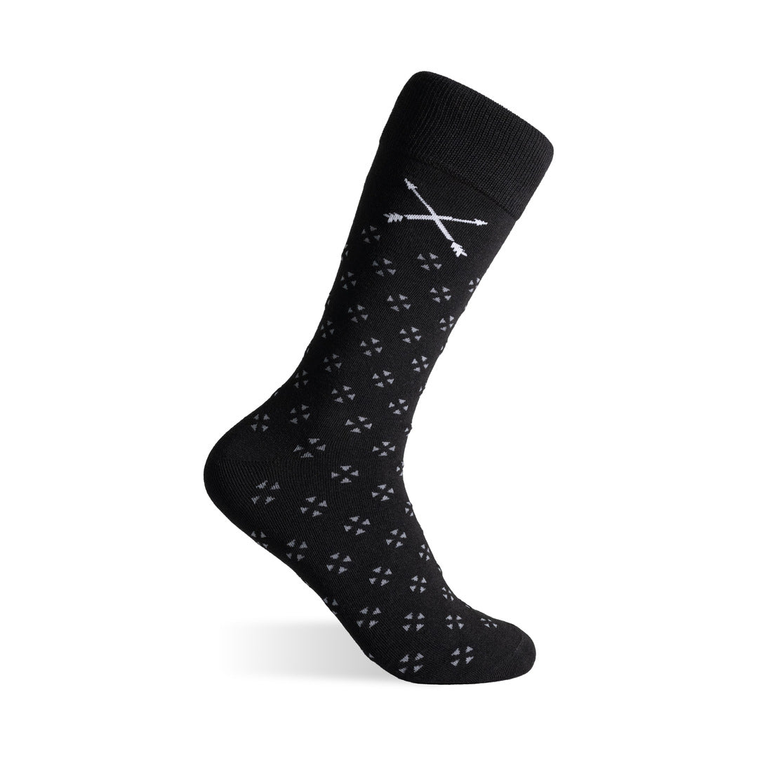 The Black & Grey Flower Petals black dress sock with a grey flower petals pattern on a clean product background.