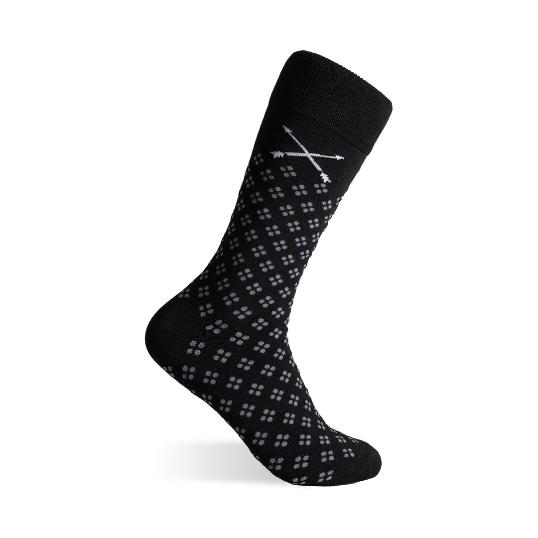The Black & Grey Flowers black dress sock with a grey flowers pattern on a clean product background.
