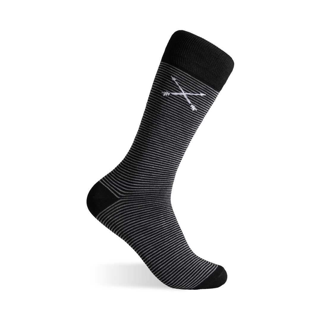 The Black & Grey Stripes black dress sock with a grey stripes pattern on a clean product background.