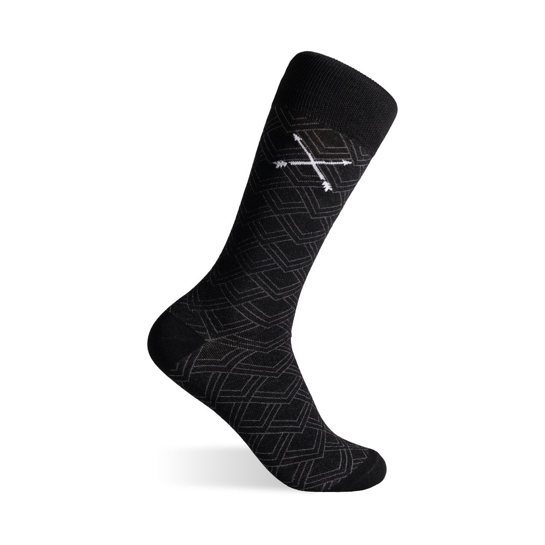 The Black & Silver Square-Grid men’s dress sock showing the Black base and Silver square-grid pattern