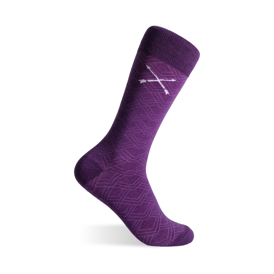The Plum & Lavender Square-Grid men’s dress sock showing the Plum base and Lavender square-grid pattern