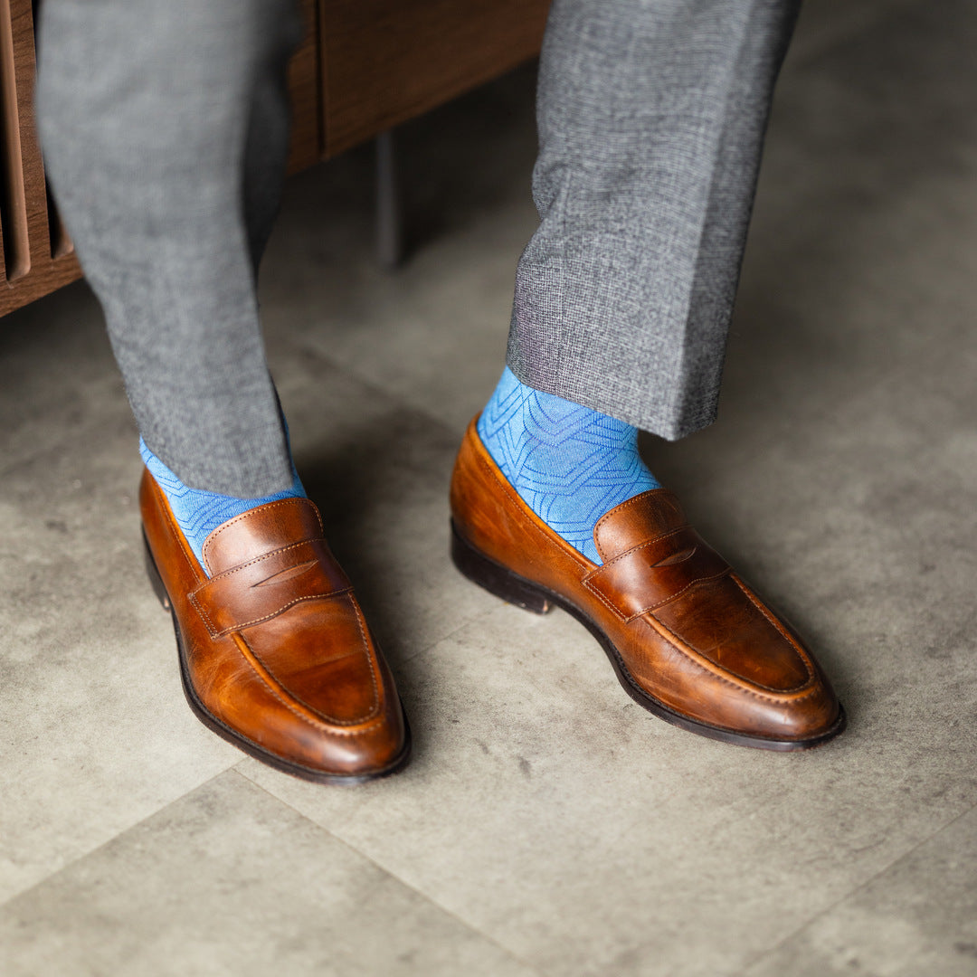 The Azure Blue & Cobalt Square-Grid styled with light grey trousers with brown penny loafers