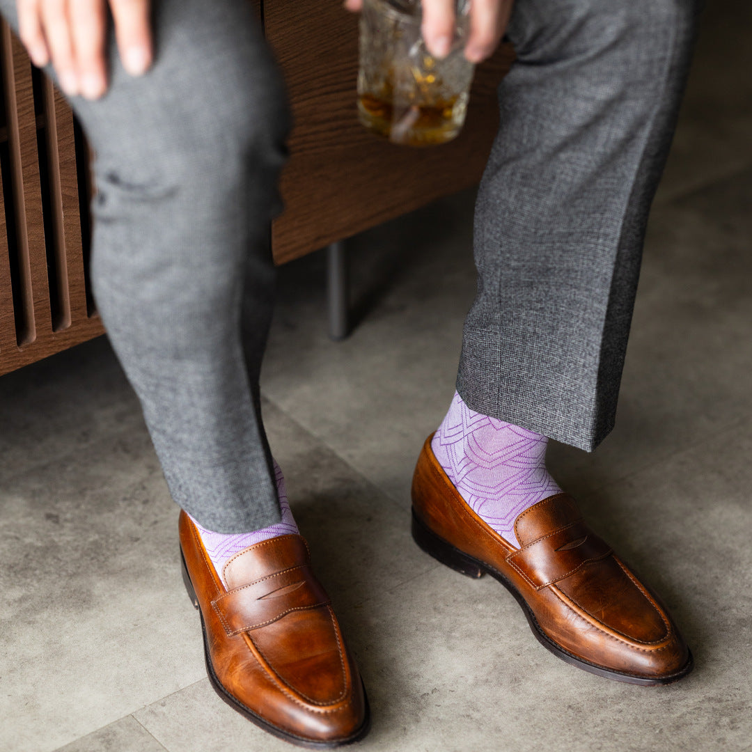 The Lavender & Plum Square-Grid styled with medium grey trousers with brown penny loafers