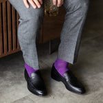 The Plum & Lavender Square-Grid styled with medium grey trousers with black penny loafers