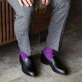 The Plum & Lavender Square-Grid styled with medium grey trousers with black penny loafers
