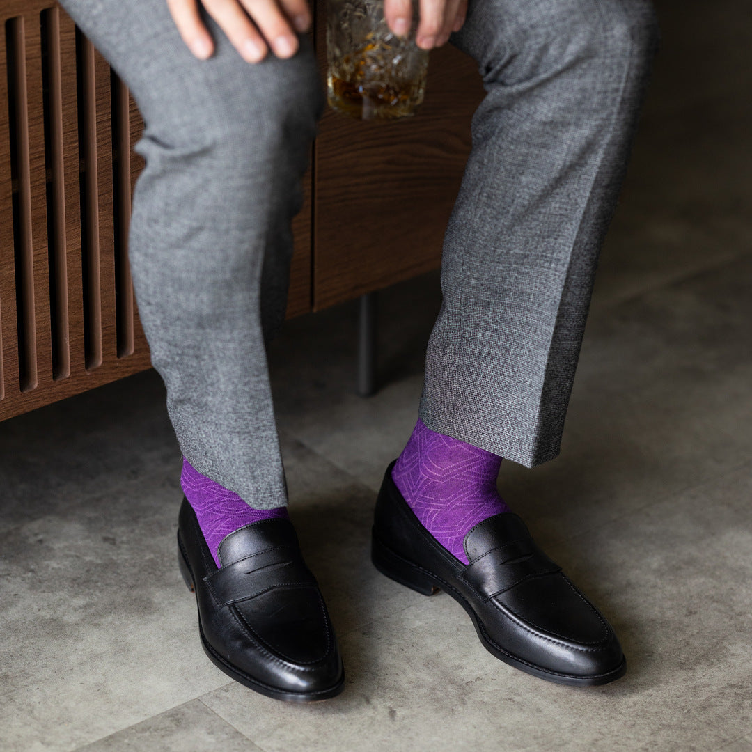 The Plum & Lavender Square-Grid styled with medium grey trousers with black penny loafers