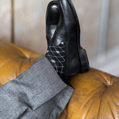 The Black & Grey Diamond Grid - A Black Sock with a Grey Diamond Grid Pattern