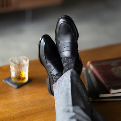 The Black & Silver Square-Grid - A Black Sock with a Silver Square-Grid Pattern