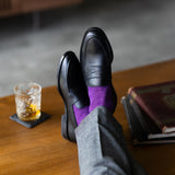 The Plum & Lavender Square-Grid - A Plum Sock with a Lavender Square-Grid Pattern men’s dress socks styled with tailored trousers and dress shoes — lifestyle view 3