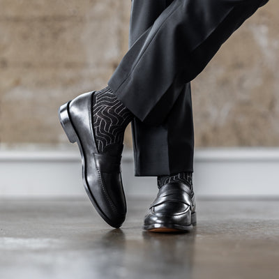 The Black & Grey Geometric Maze - A Black Sock with a Grey Geometric Maze Pattern