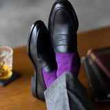 The Plum & Lavender Square-Grid - A Plum Sock with a Lavender Square-Grid Pattern men’s dress socks styled with tailored trousers and dress shoes — lifestyle view 4