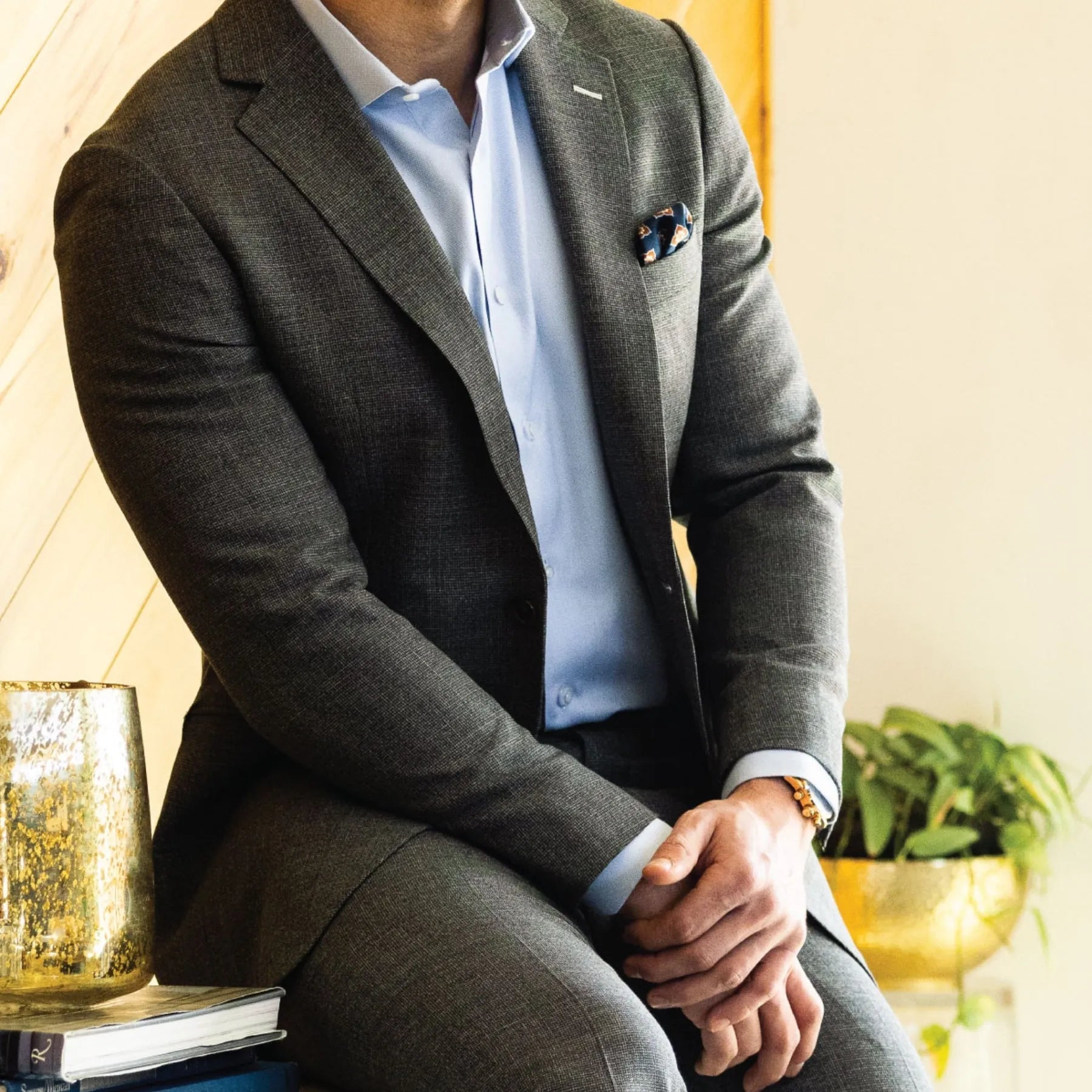 Navy Blue and Brown Floral Silk Pocket Square