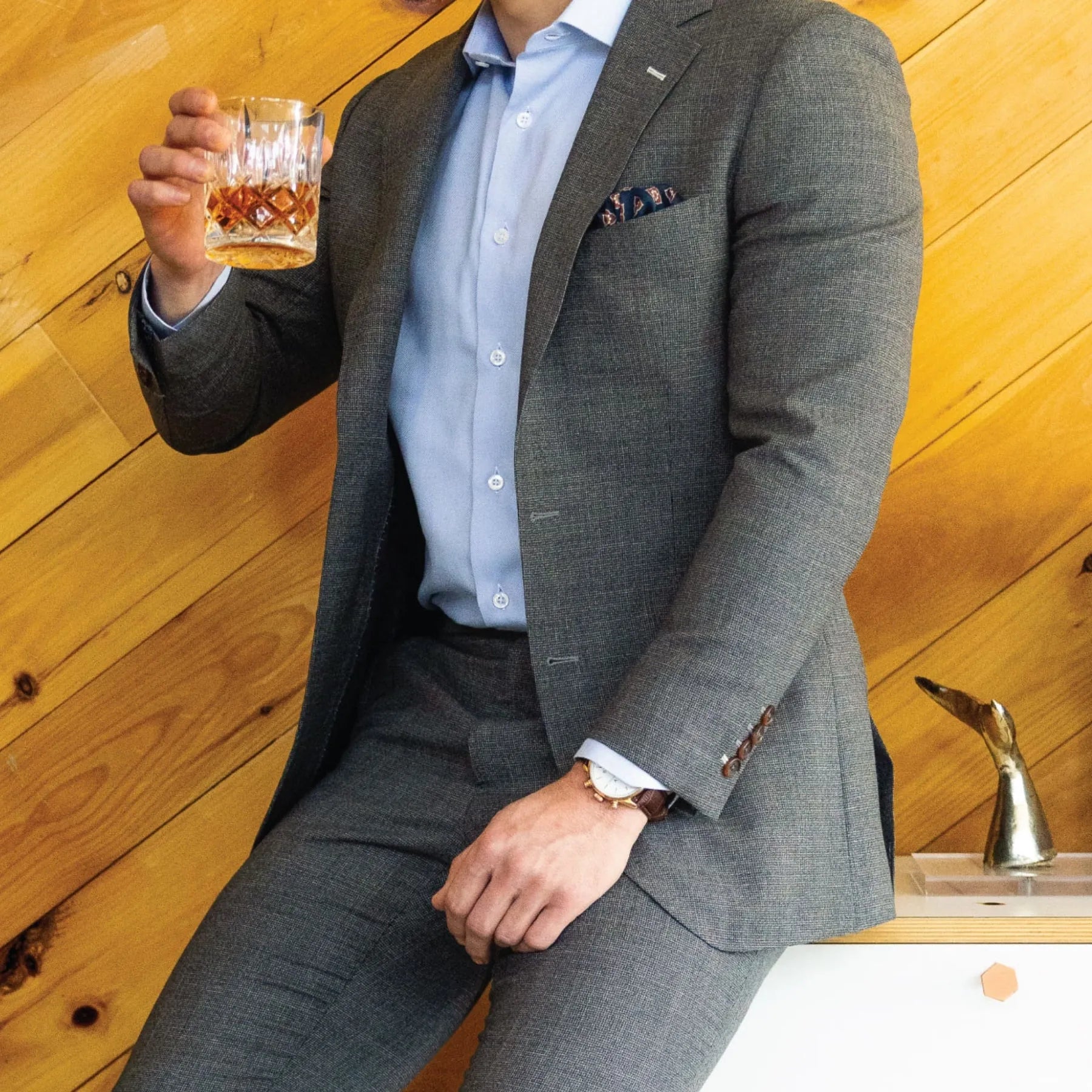 Navy Blue and Brown Floral Silk Pocket Square