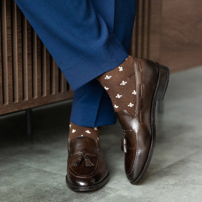 Chocolate & Cream Fleur De Lis - A Chocolate Brown Sock with a Cream Fleur-De-Lis Pattern