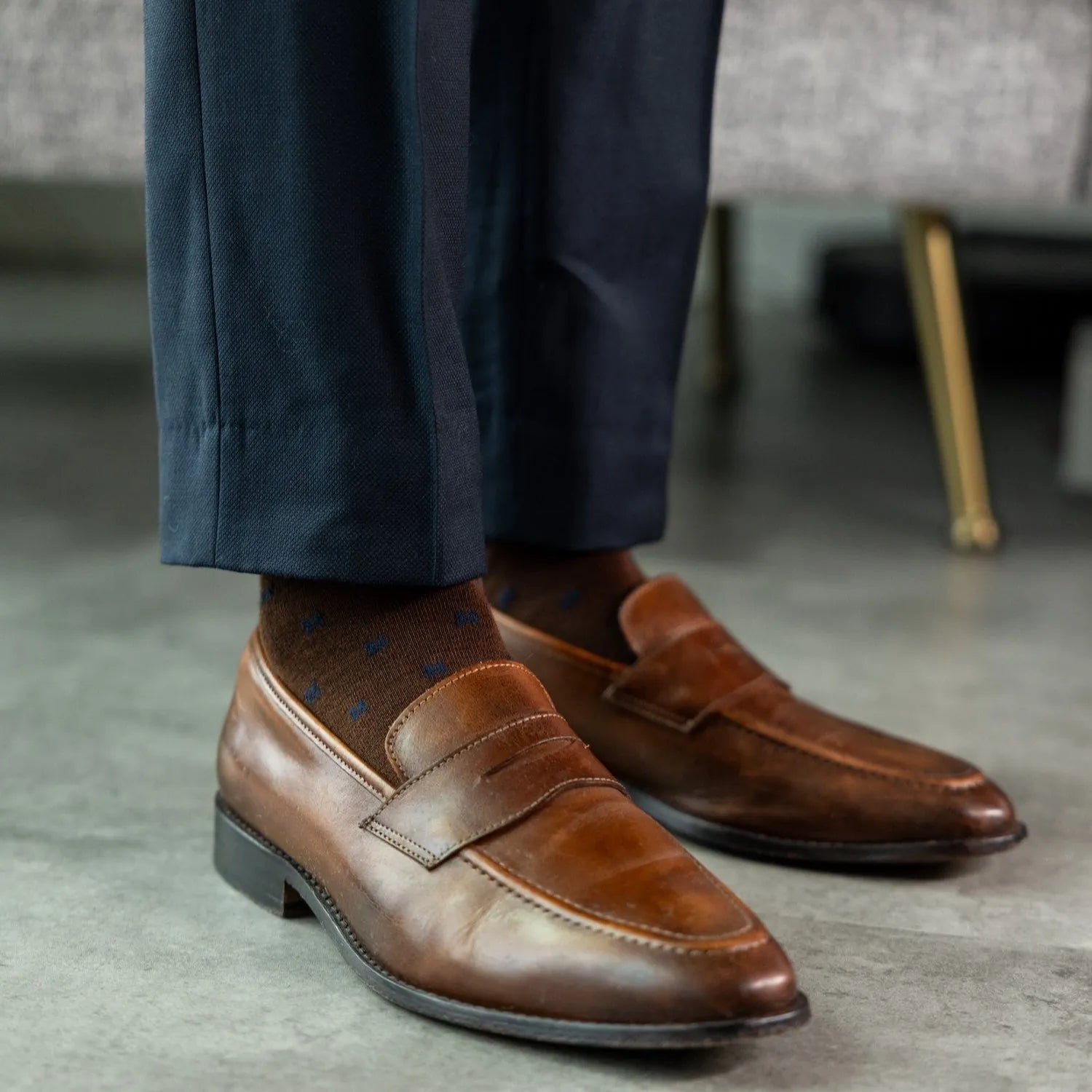 A Chocolate Brown with Navy
Flower Petals men's dress sock