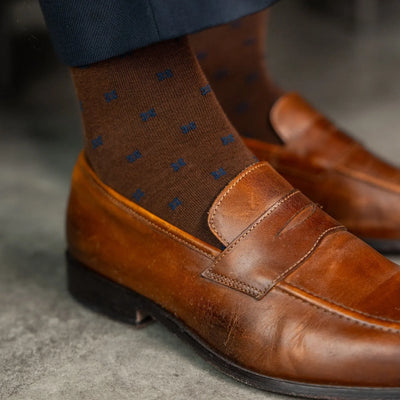 Chocolate with Navy Flower Petals - A Chocolate Brown Sock with a Navy Floral Pattern