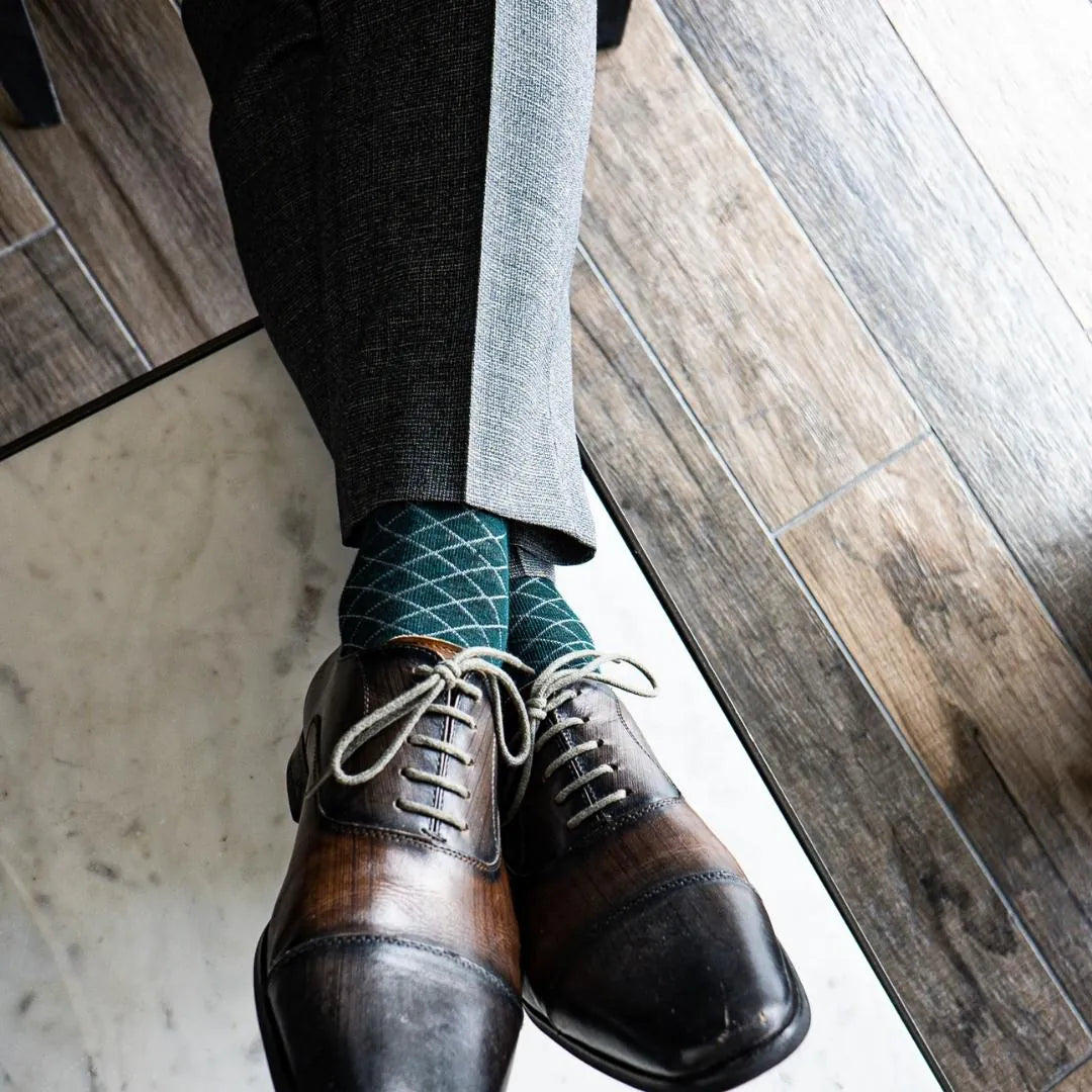 Deep Green Diamonds - A Deep Green Men's Dress Sock with A Contrasting Diamond Pattern Over-The-Calf Deep Green Diamonds - A Deep Green Men's Dress Sock with A Contrasting Diamond Pattern Over-The-Calf