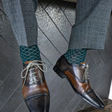 Deep green men's dress sock with contrasting diamond pattern