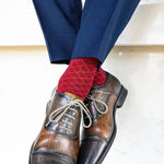 a deep red men's dress sock with a contrasting diamond pattern
