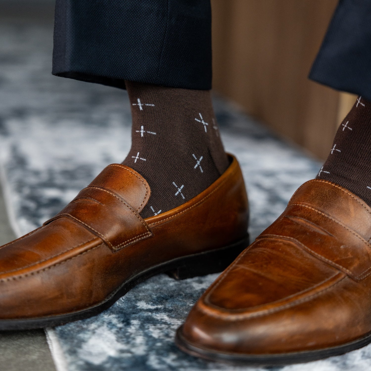 An Espresso Brown Sock with White T-Suns