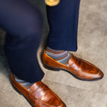 Mocha Multi-Stripe men's dress sock — mocha sock with espresso, teal, and pale blue stripes lifestyle image