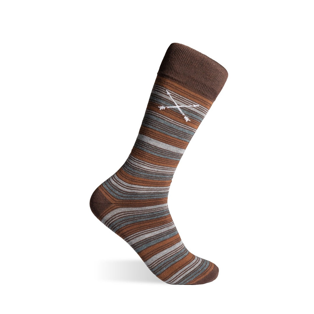 Mocha Multi-Stripe men's dress sock — mocha sock with espresso, teal, and pale blue stripes product image