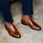 Pecan & Cream Stepped Chevron men's dress sock — pecan brown sock with a cream stepped chevron pattern lifestyle image