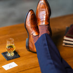Pecan & Navy Diamonds men's dress sock — pecan brown sock with a navy diamond pattern lifestyle image