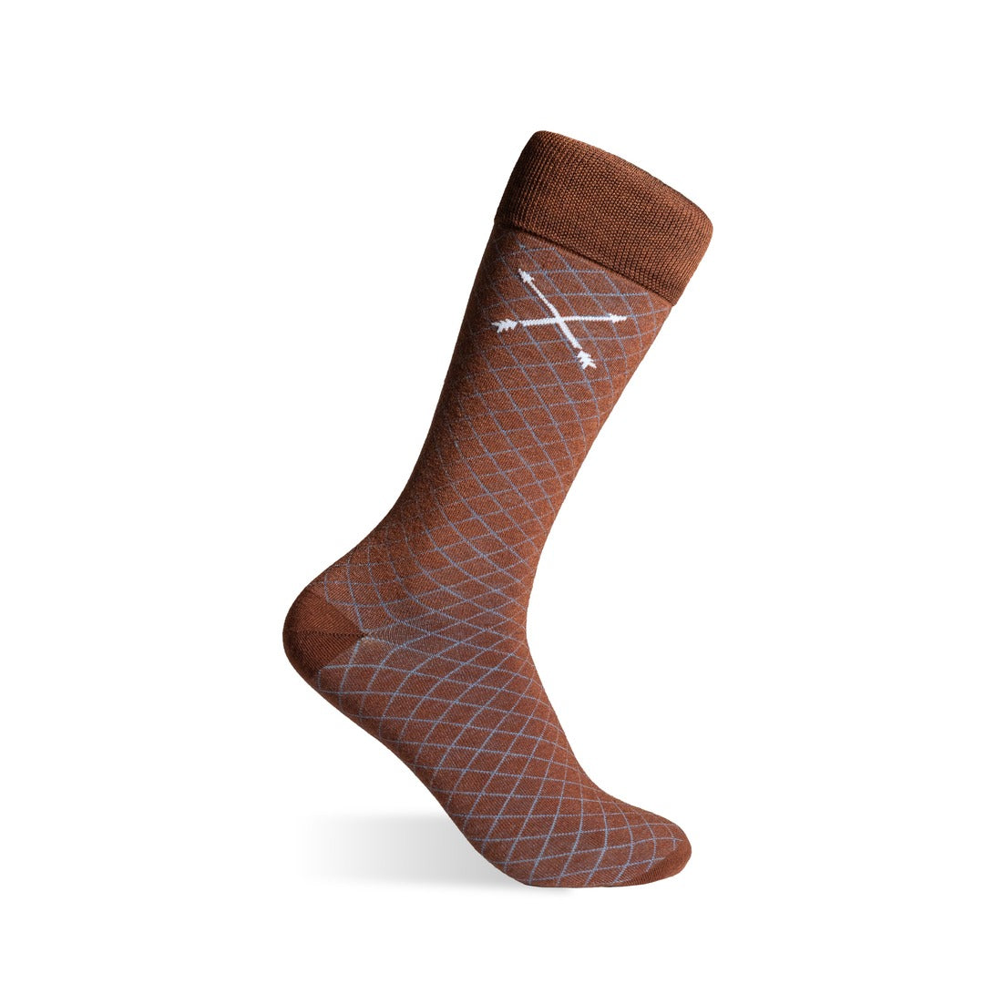 The Pecan & Navy Lattice men's dress sock — pecan brown sock with a navy lattice pattern product image