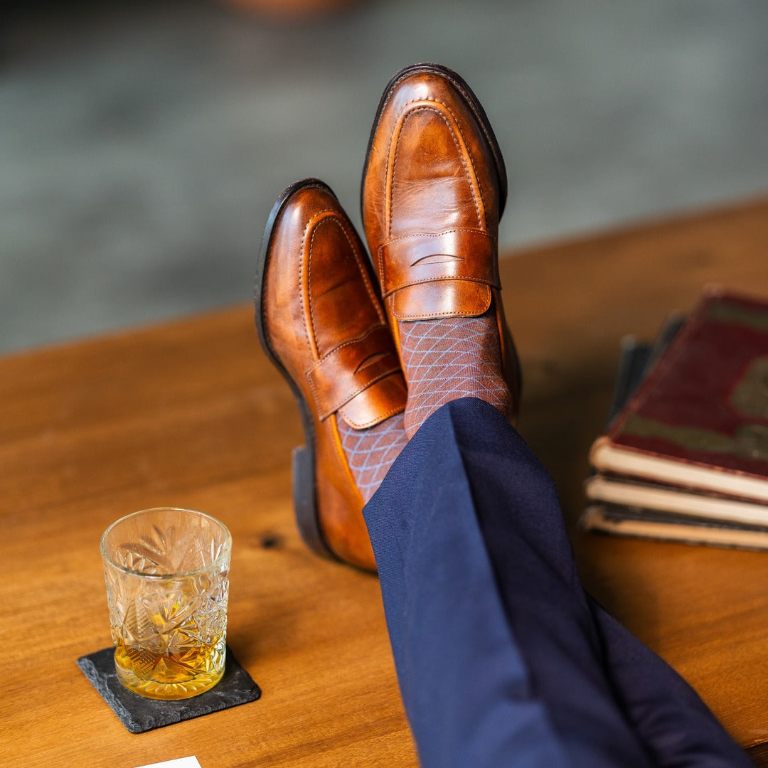 Pecan & Powder Blue Diamonds men's dress sock — pecan brown sock with a powder blue diamond pattern lifestyle image