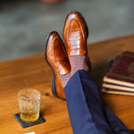 Pecan & Powder Blue Diamonds men's dress sock — pecan brown sock with a powder blue diamond pattern lifestyle image