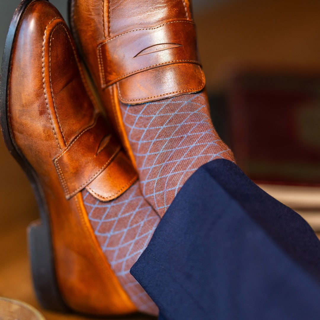 Pecan & Powder Blue Diamonds men's dress sock — pecan brown sock with a powder blue diamond pattern lifestyle image