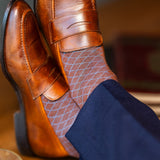 Pecan & Powder Blue Diamonds men's dress sock — pecan brown sock with a powder blue diamond pattern lifestyle image