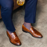 Pecan & Powder Blue Diamonds men's dress sock — pecan brown sock with a powder blue diamond pattern lifestyle image