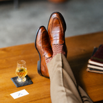 Pecan & Cream Stepped Chevron men's dress sock — pecan brown sock with a cream stepped chevron pattern styled with tan trousers