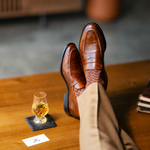 Pecan & Cream Stepped Chevron men's dress sock — pecan brown sock with a cream stepped chevron pattern styled with tan trousers